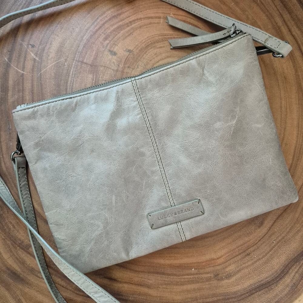 Lucky Brand Gray Leather Double-Zip Crossbody Bag / Purse